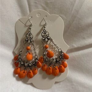 Beaded Boho Orange Teardrop Chandelier Earrings